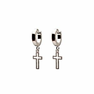 Aretes Candonga Crucis en acero quirúrgico plateado con diseño de cruz, estilo moderno y elegante para hombre o mujer