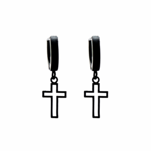 Aretes Candonga Crucis Black en acero quirúrgico negro con diseño de cruz, estilo moderno y masculino para uso diario.